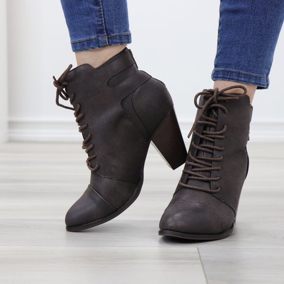 Lace-Up Brown Block Cone High Heeled Ankle Boots Pointed Toe - Picture 9 of 10
